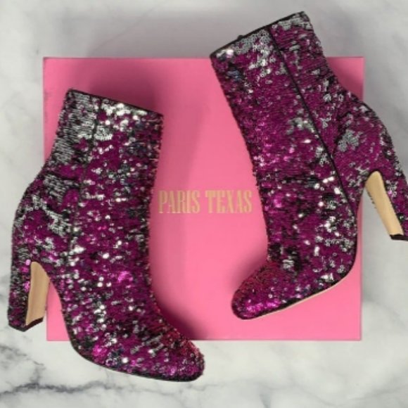 Paris Texas Pink Reversible Sequin Block Heel Ankle Booties Boho 6.5